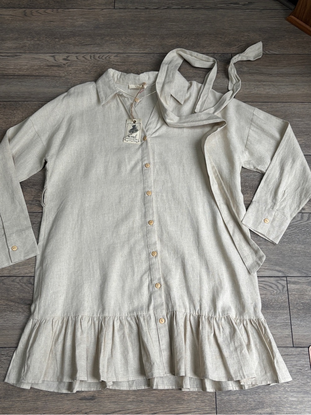 NWT Easel Tunic Belted Ruffle Linen Blend Long Sleeve Dress Cream Tan Sz Large